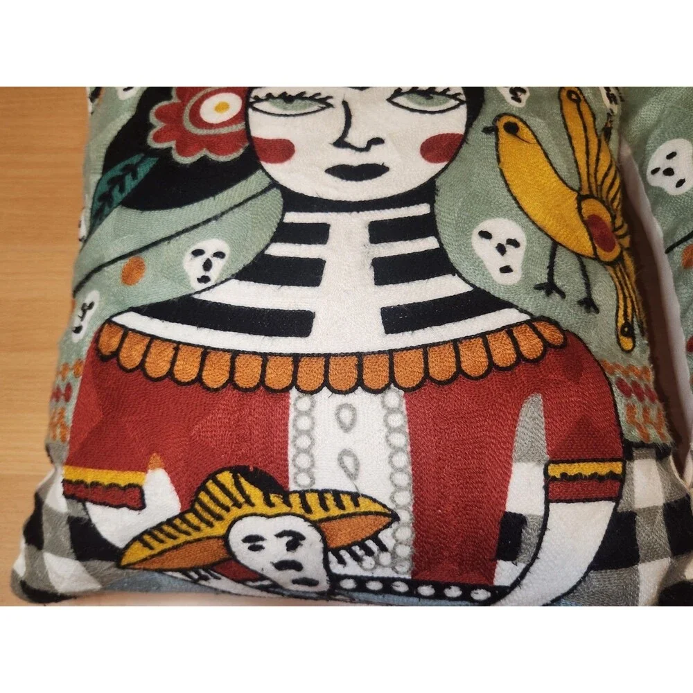 Pair Of Día de Muertos Embroidered Pillow Covers Frida Kahlo Pillows Set Of 2
